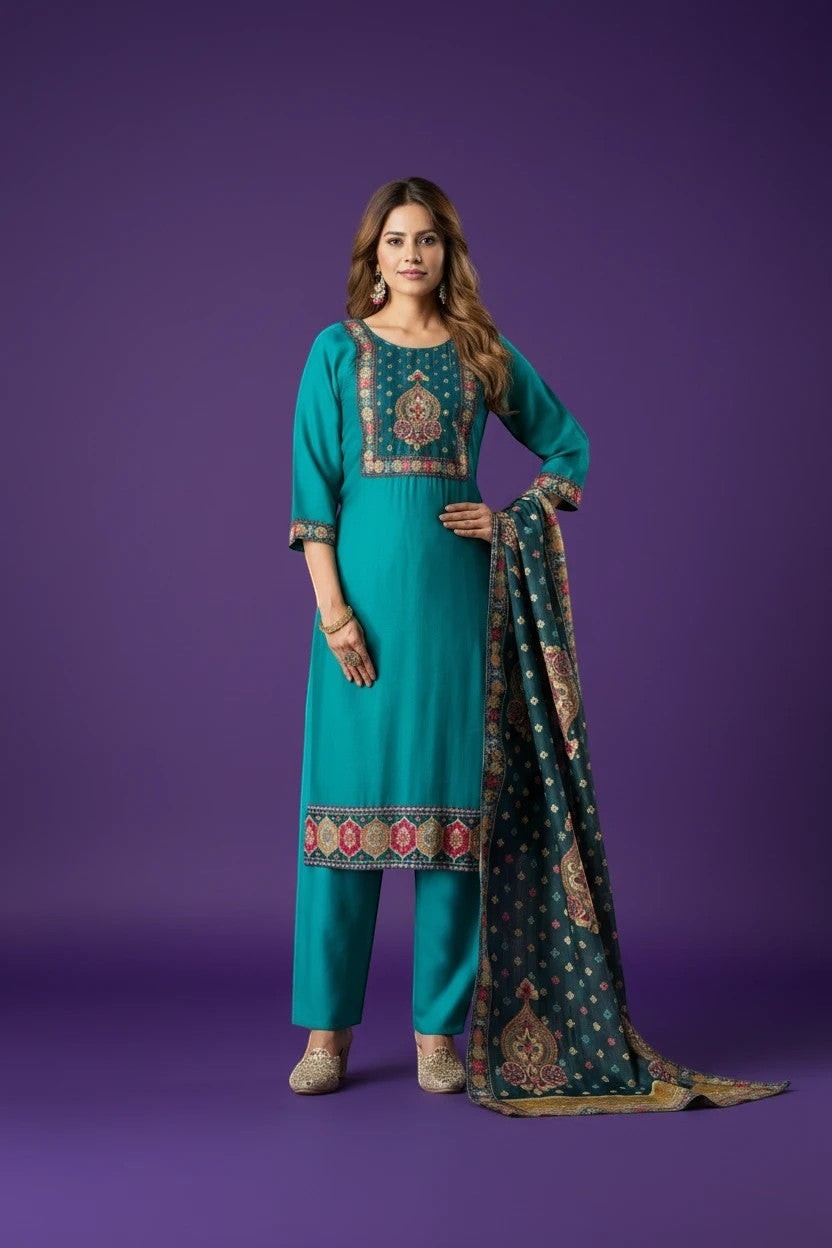 House Of Indian Wedding Attire teal linen cotton salwar suit with intricate embroidery on the yoke and hem.