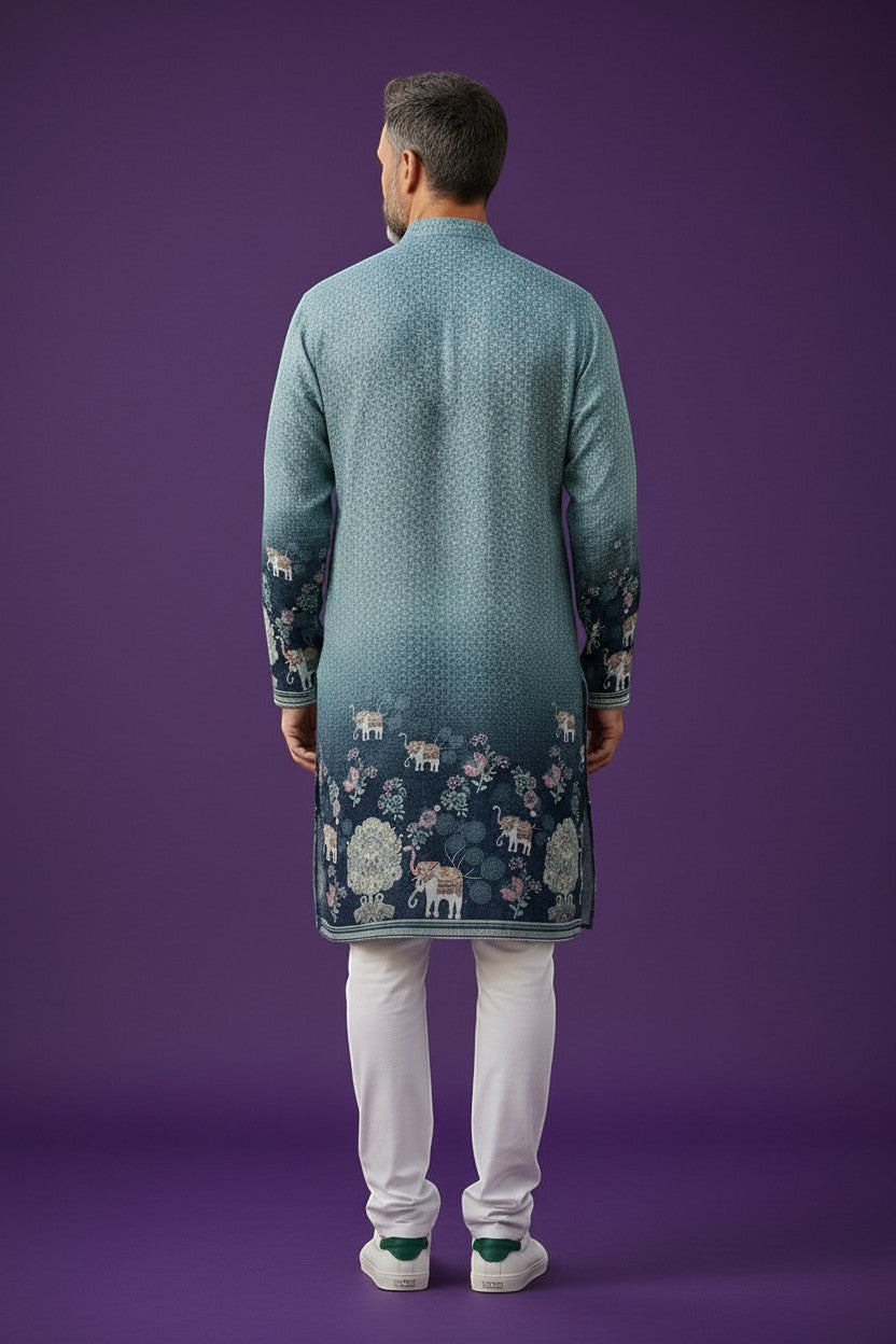 House Of Indian Wedding Attire men's teal and navy blue gradient kurta with elephant and floral embroidery. Band collar, long sleeves.