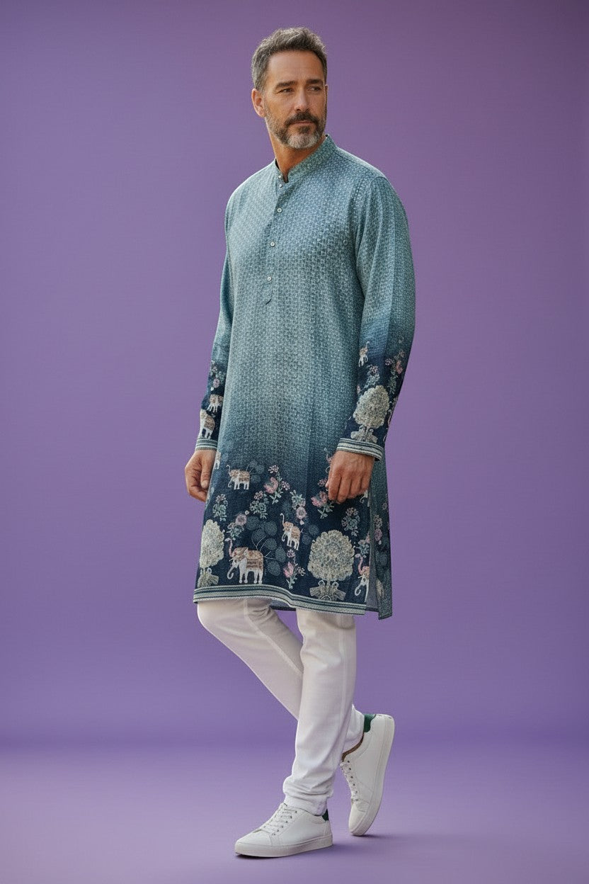 House Of Indian Wedding Attire men's teal and navy blue gradient kurta with elephant and floral embroidery. Band collar, button placket, long sleeves.