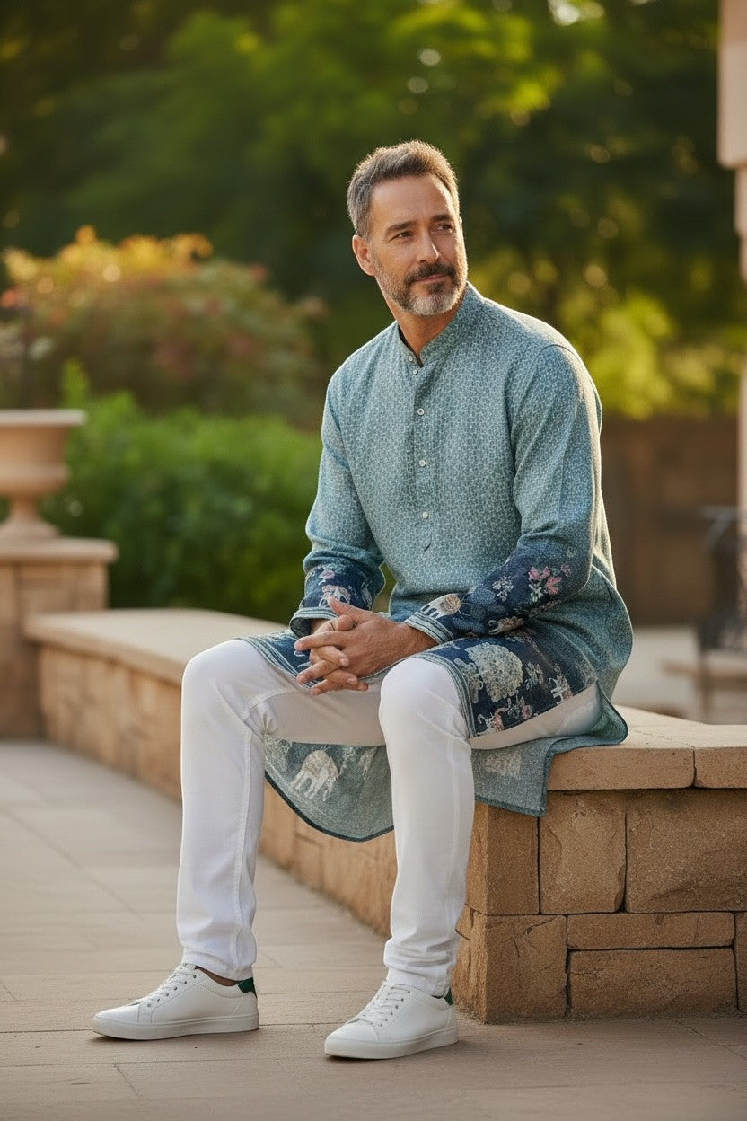 House Of Indian Wedding Attire men's teal and navy blue kurta with elephant and floral embroidery. Band collar, button placket.