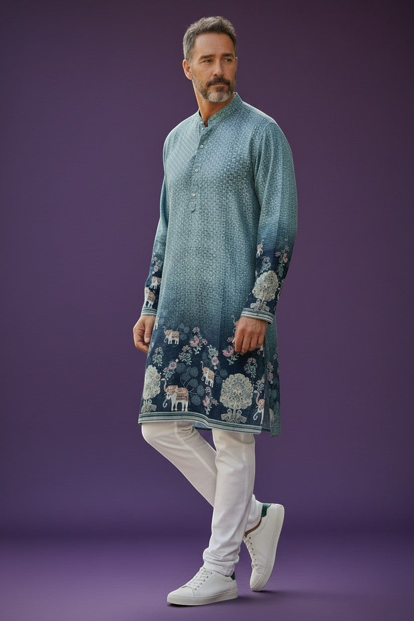 House Of Indian Wedding Attire men's teal and navy blue gradient kurta with elephant and floral embroidery. Band collar, button placket, long sleeves.