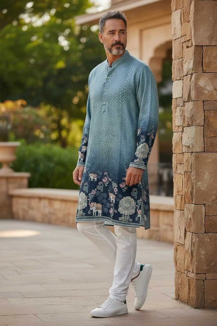 House Of Indian Wedding Attire men's teal and navy blue gradient kurta with elephant and floral embroidery. Band collar, button placket, long sleeves.