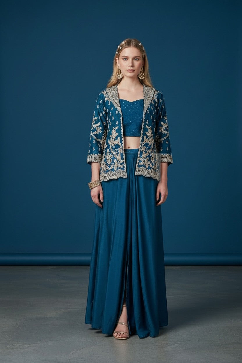 House Of Indian Wedding Attire teal blue embroidered saree lehenga with crop top and jacket