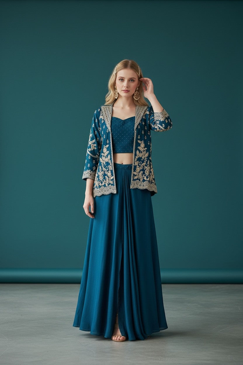 House Of Indian Wedding Attire teal embroidered saree lehenga with crop top and jacket. Model wears gold earrings.