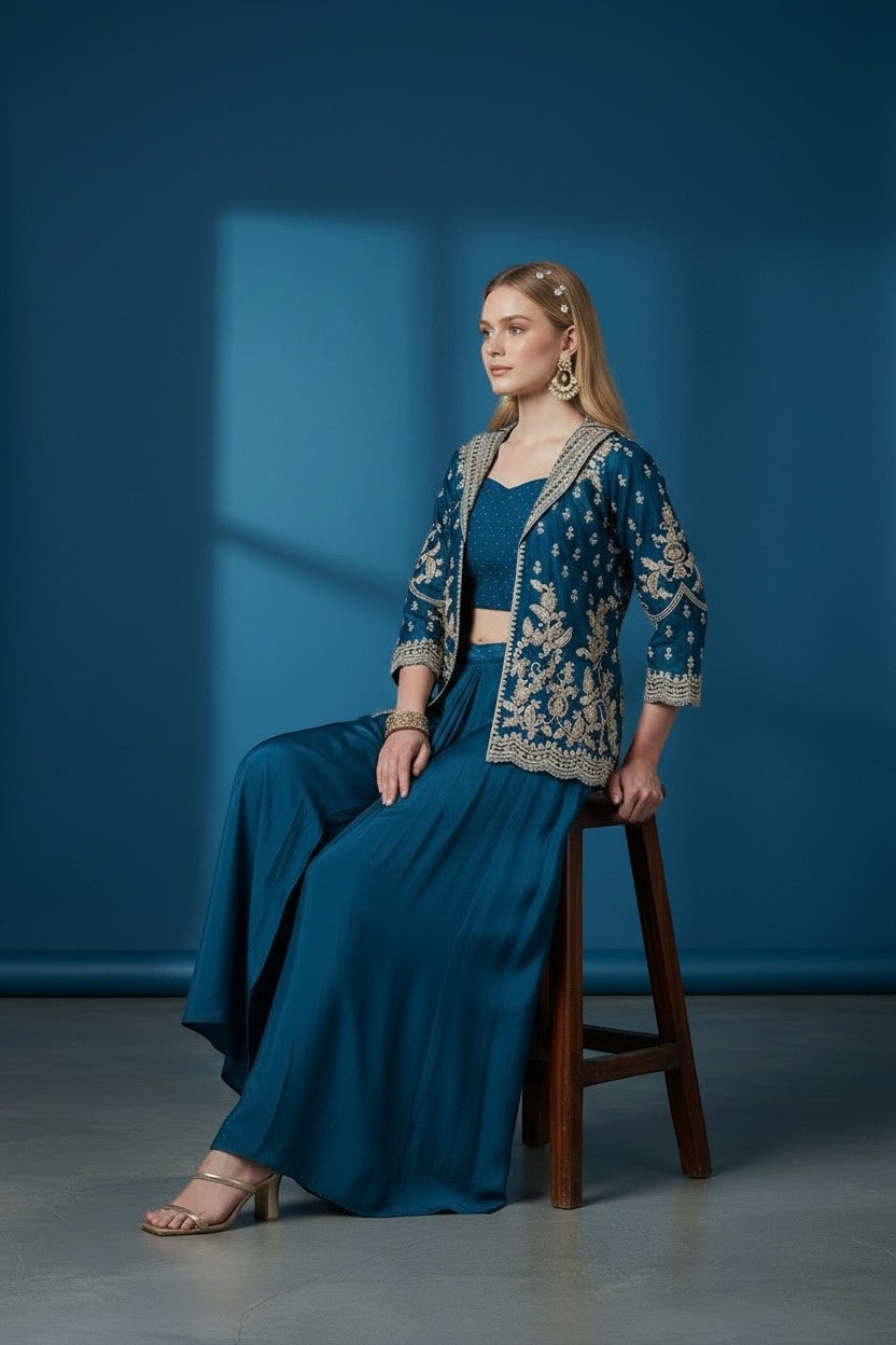 House Of Indian Wedding Attire teal silk fusion saree lehenga with embroidered jacket and matching crop top.