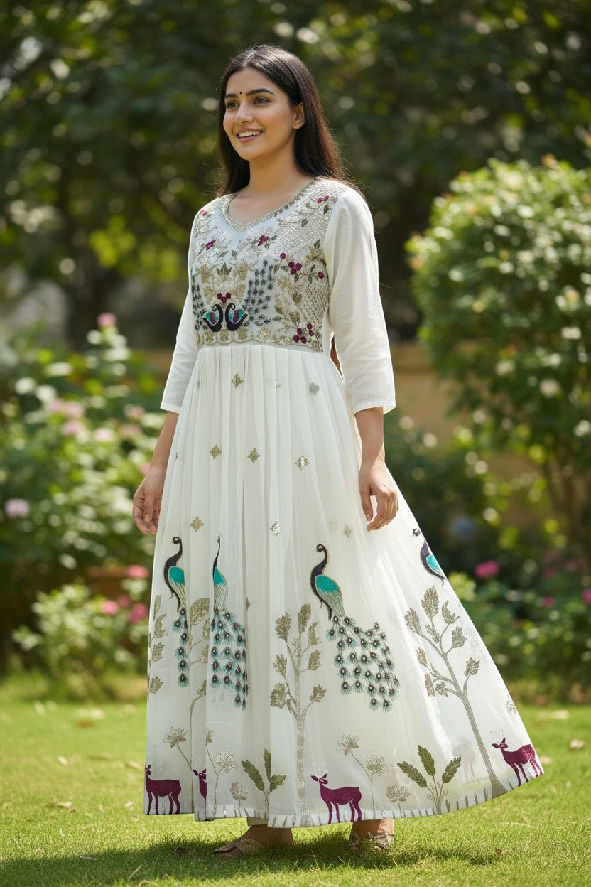 House Of Indian Wedding Attire white chiffon long kurti with embroidered peacock and deer motif. V-neck, 3/4 sleeves.