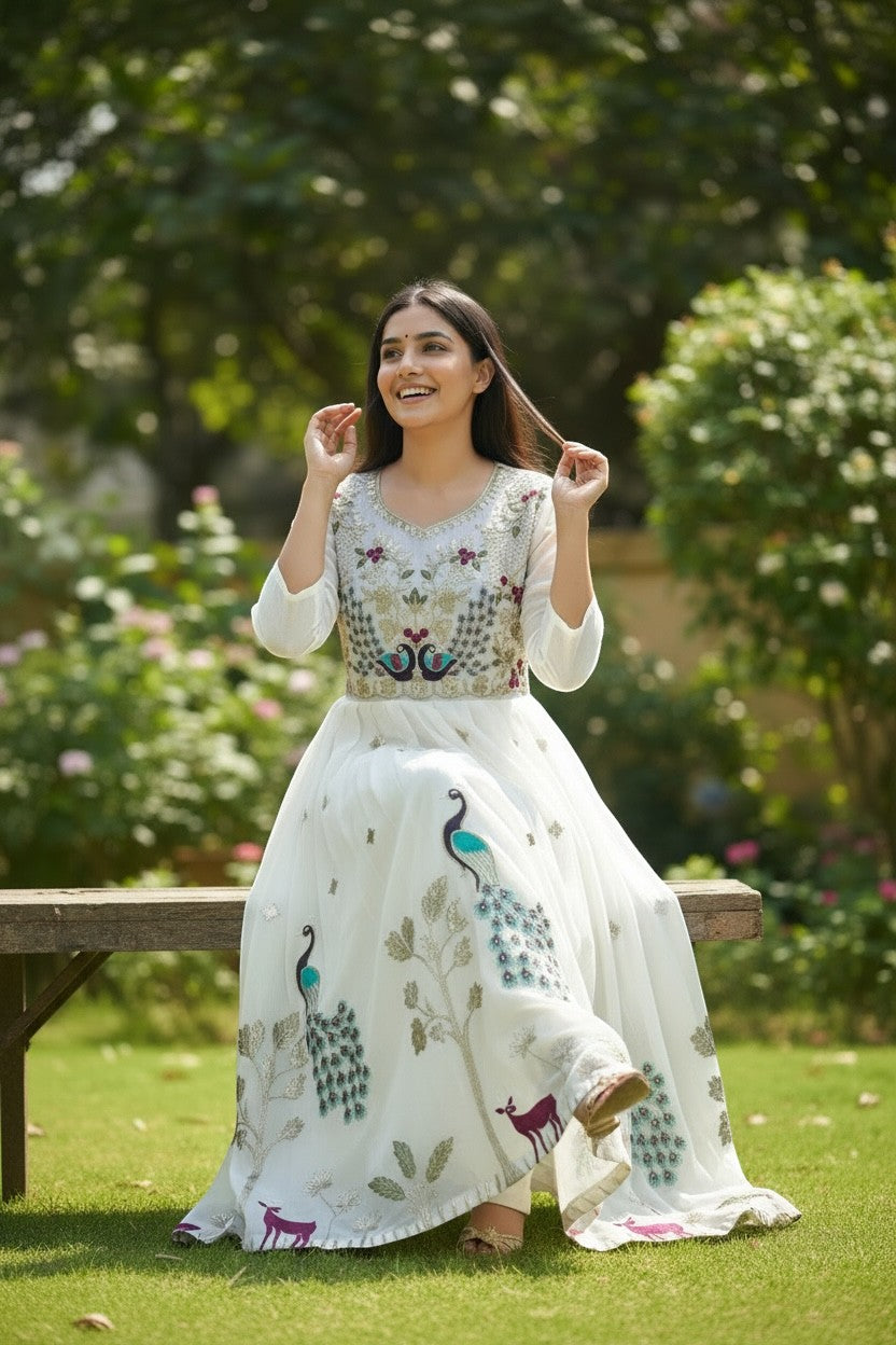 House Of Indian Wedding Attire white chiffon long kurti with embroidered peacock and deer motifs. Elegant Indian ethnic wear.