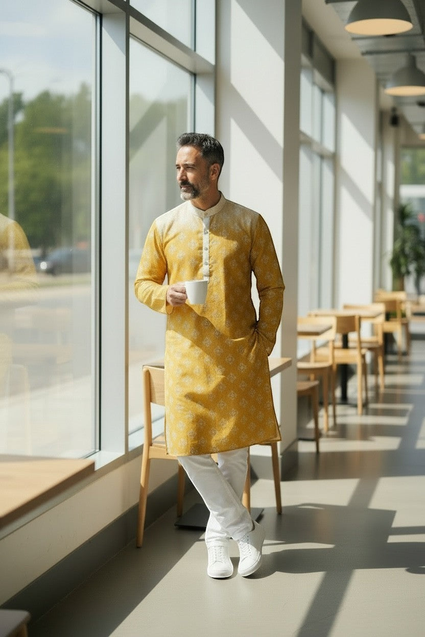House Of Indian Wedding Attire men's yellow cotton kurta pajama set with white pants and subtle floral print.
