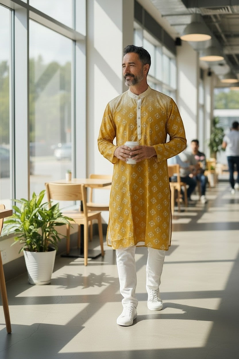 House Of Indian Wedding Attire men's yellow cotton kurta pajama set with white patterned print and white pants.