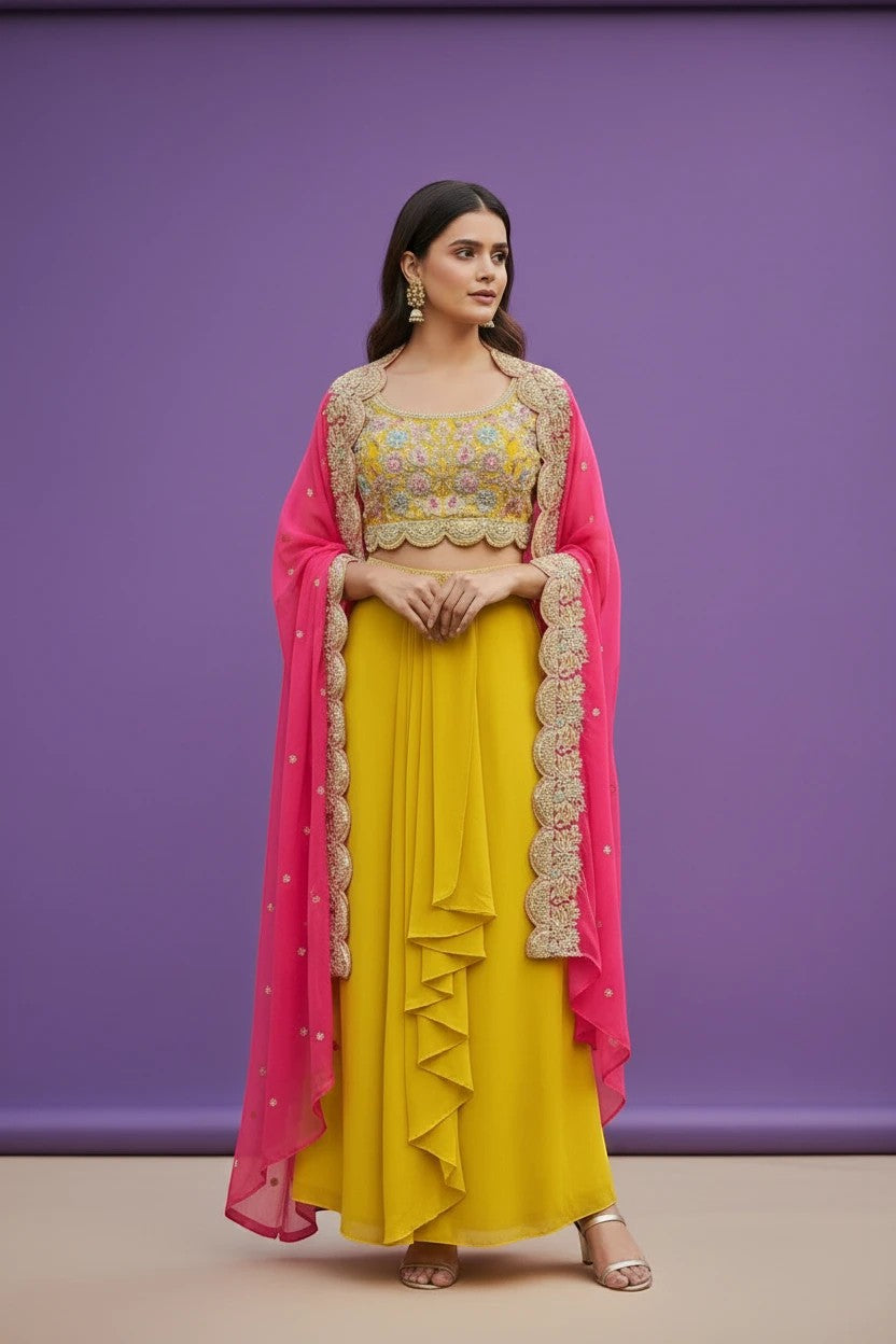 House Of Indian Wedding Attire yellow lehenga saree with ruffled skirt and embroidered pink cape. Haldi Mehendi outfit.