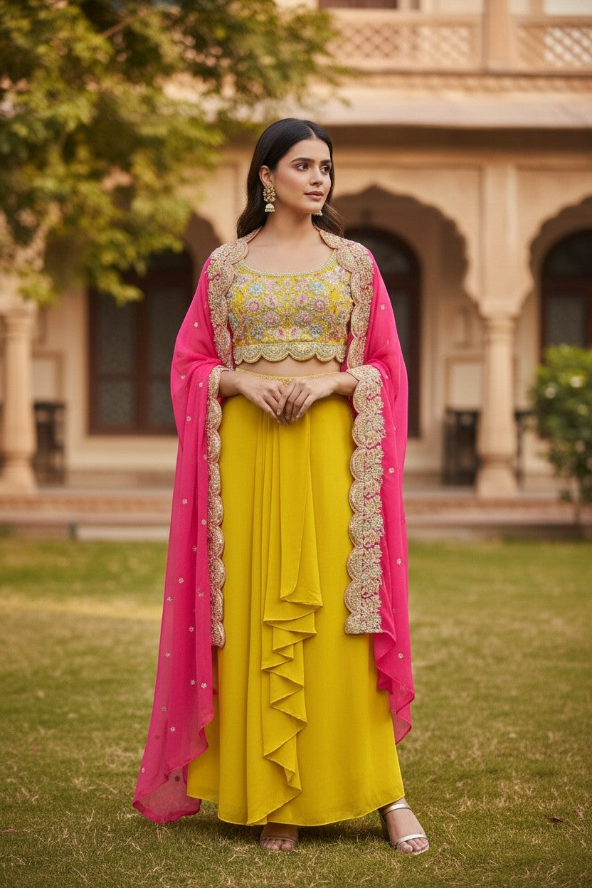 House Of Indian Wedding Attire yellow lehenga saree with pink embroidered cape, floral crop top, and ruffled skirt.