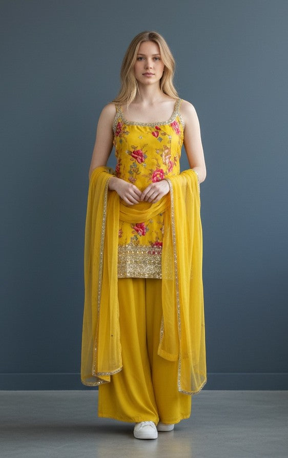 House Of Indian Wedding Attire sleeveless yellow sharara suit with floral print, sequin border, and dupatta.