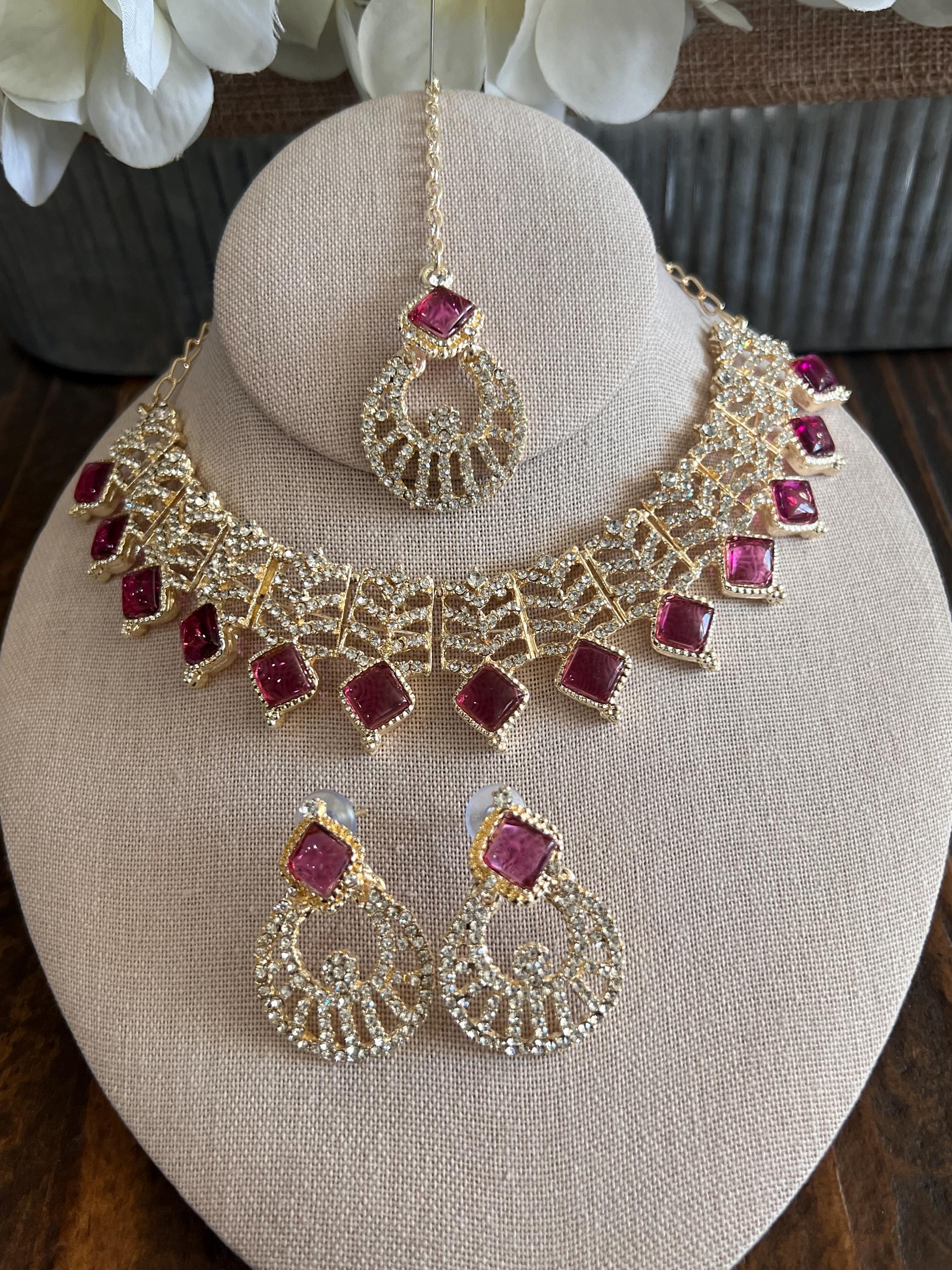 Kundan Necklace Set Gold Plated | Indian Bridal Polki Jewelry | Wedding Necklace Earrings & Maang Tikka | Ethnic Festive Jewelry by Etsy