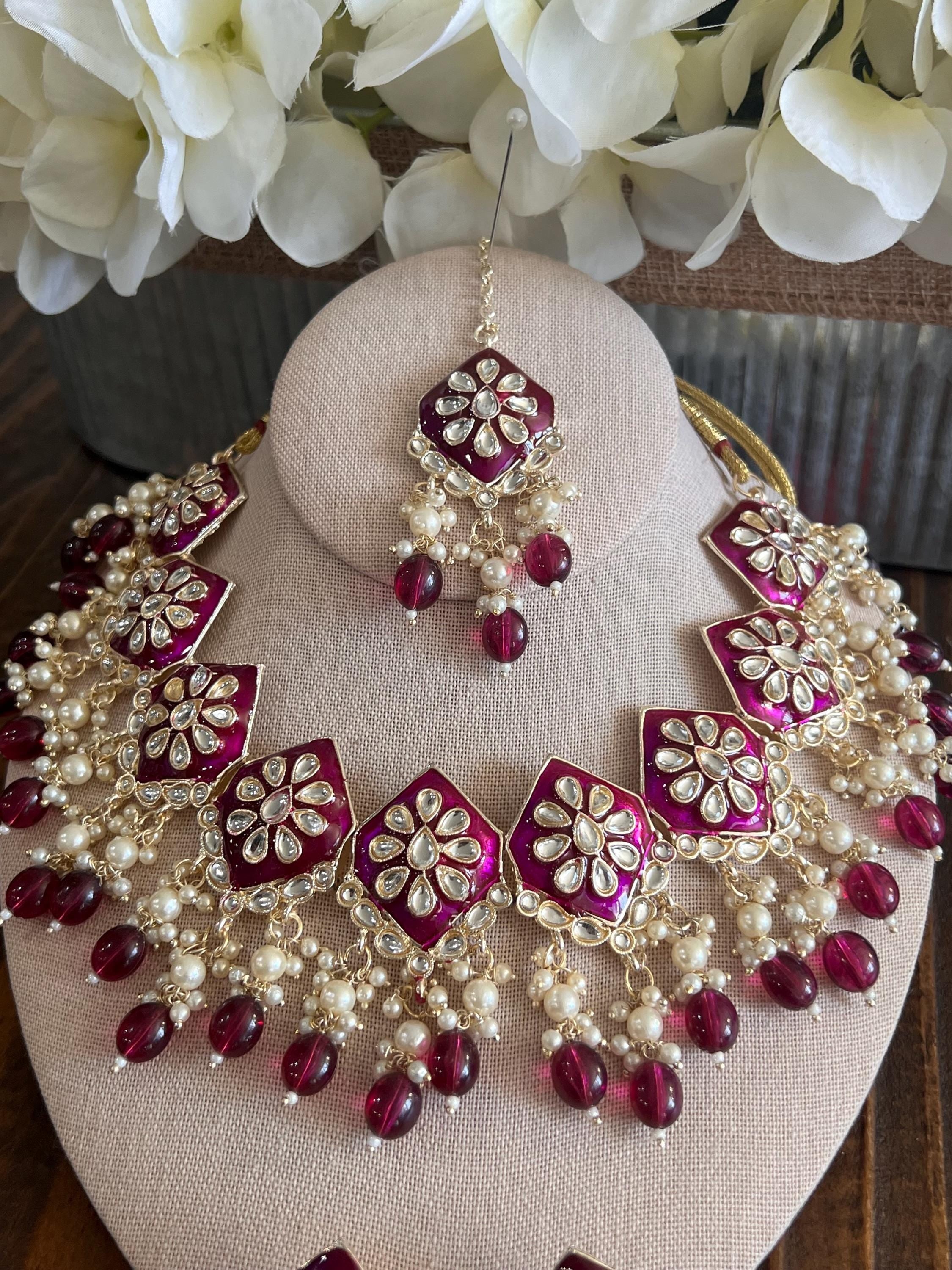 Kundan Necklace Set Gold Plated | Indian Bridal Polki Jewelry | Wedding Necklace Earrings & Maang Tikka | Ethnic Festive Jewelry by Etsy