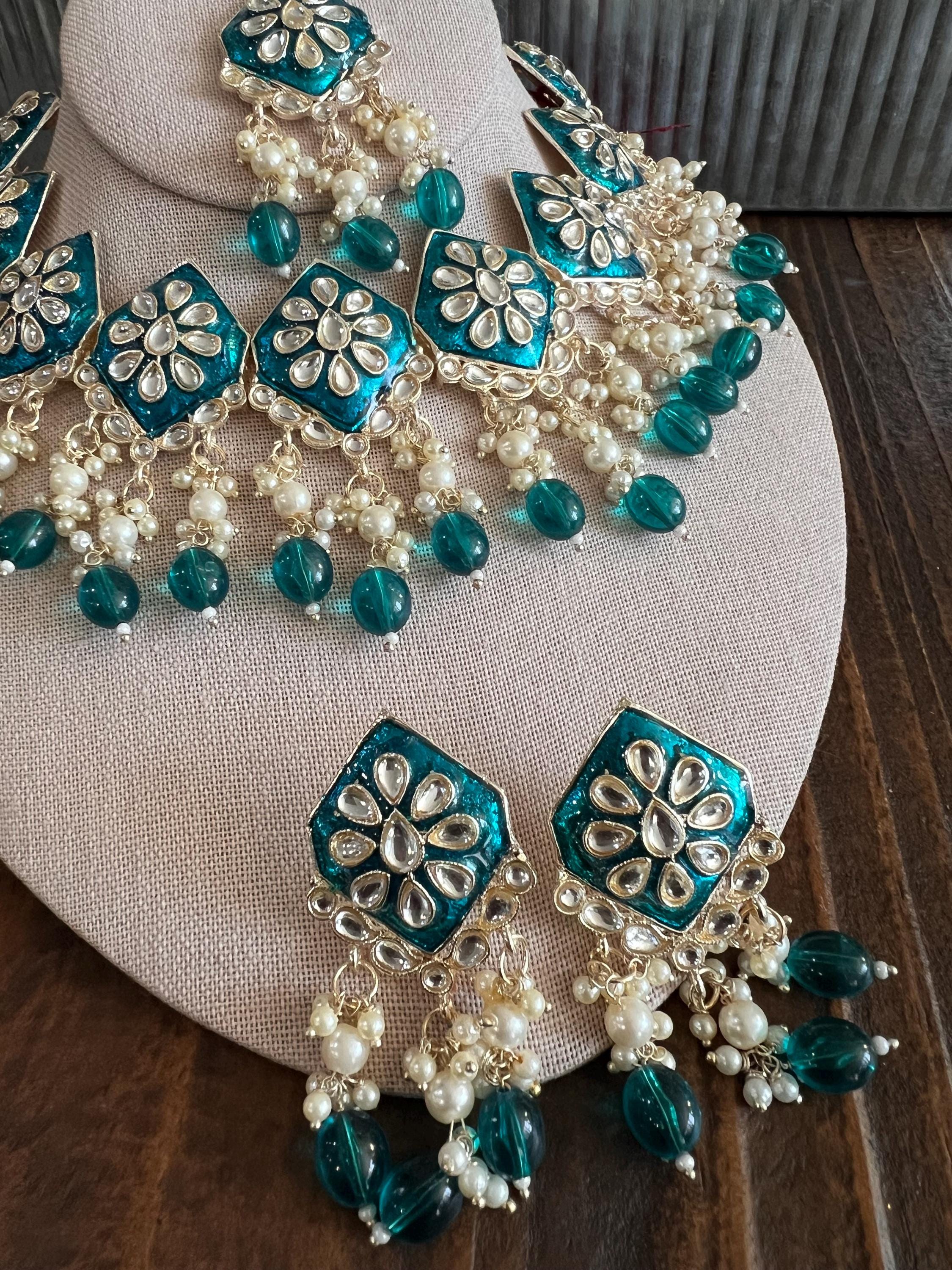 Kundan Necklace Set Gold Plated | Indian Bridal Polki Jewelry | Wedding Necklace Earrings & Maang Tikka | Ethnic Festive Jewelry by Etsy