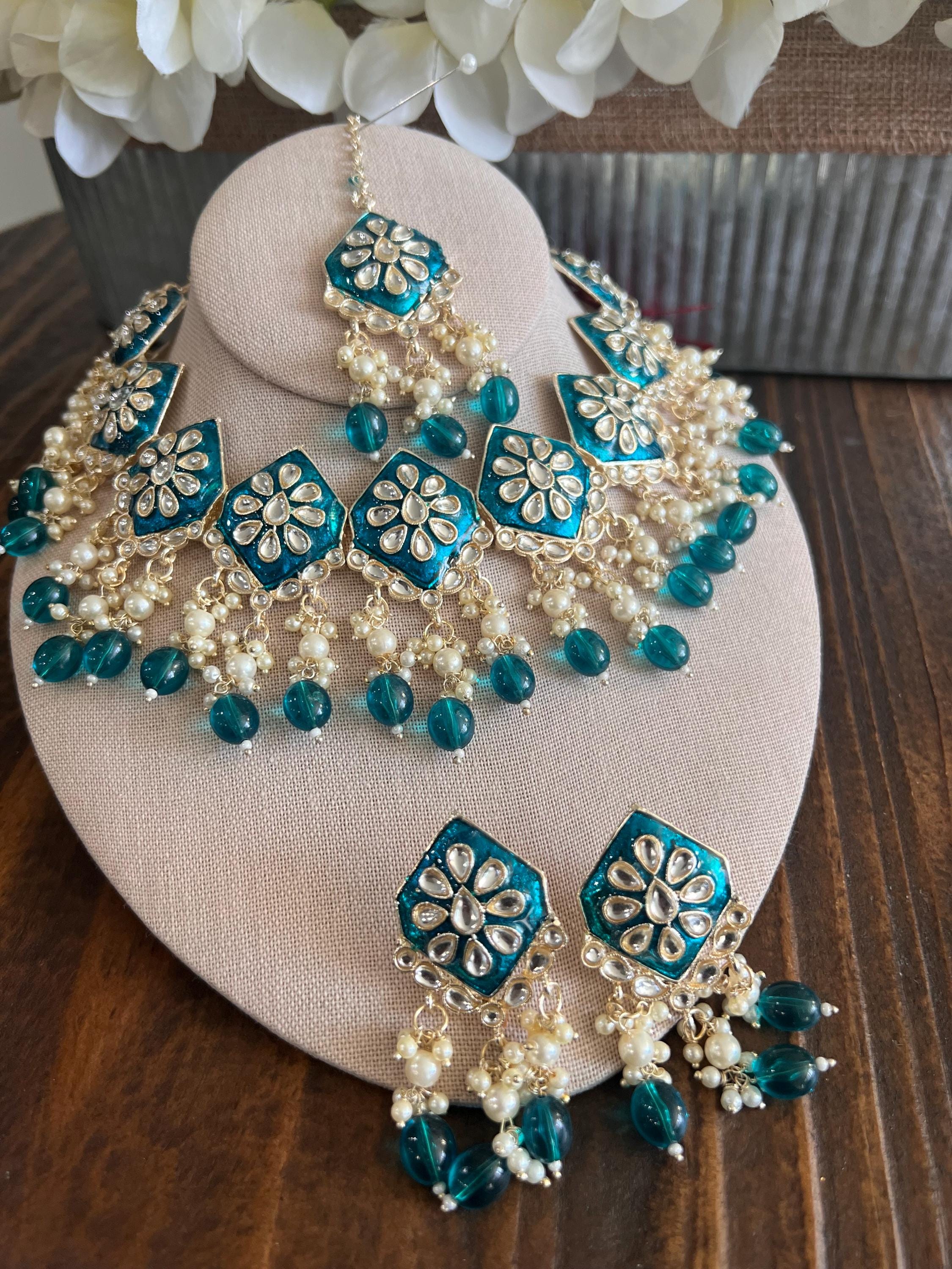 Kundan Necklace Set Gold Plated | Indian Bridal Polki Jewelry | Wedding Necklace Earrings & Maang Tikka | Ethnic Festive Jewelry by Etsy