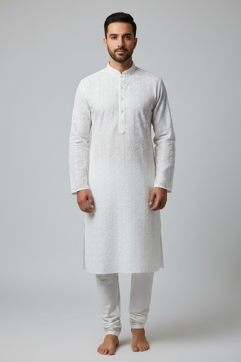 Cotton kurta pajama | white chikankari kurta by Kurti Connection USA