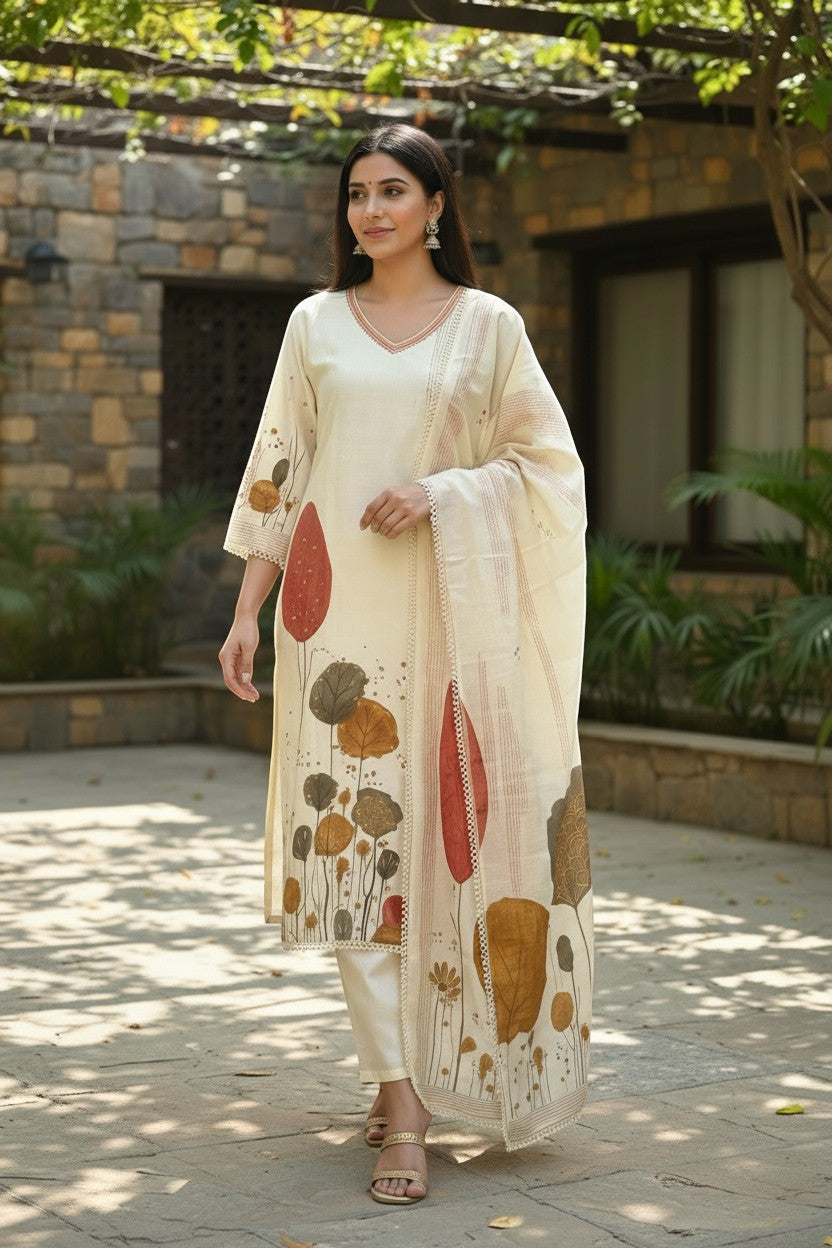 Kurti Connection USA cream botanical print kurta set with V-neck, lace trim, and matching dupatta and trousers.