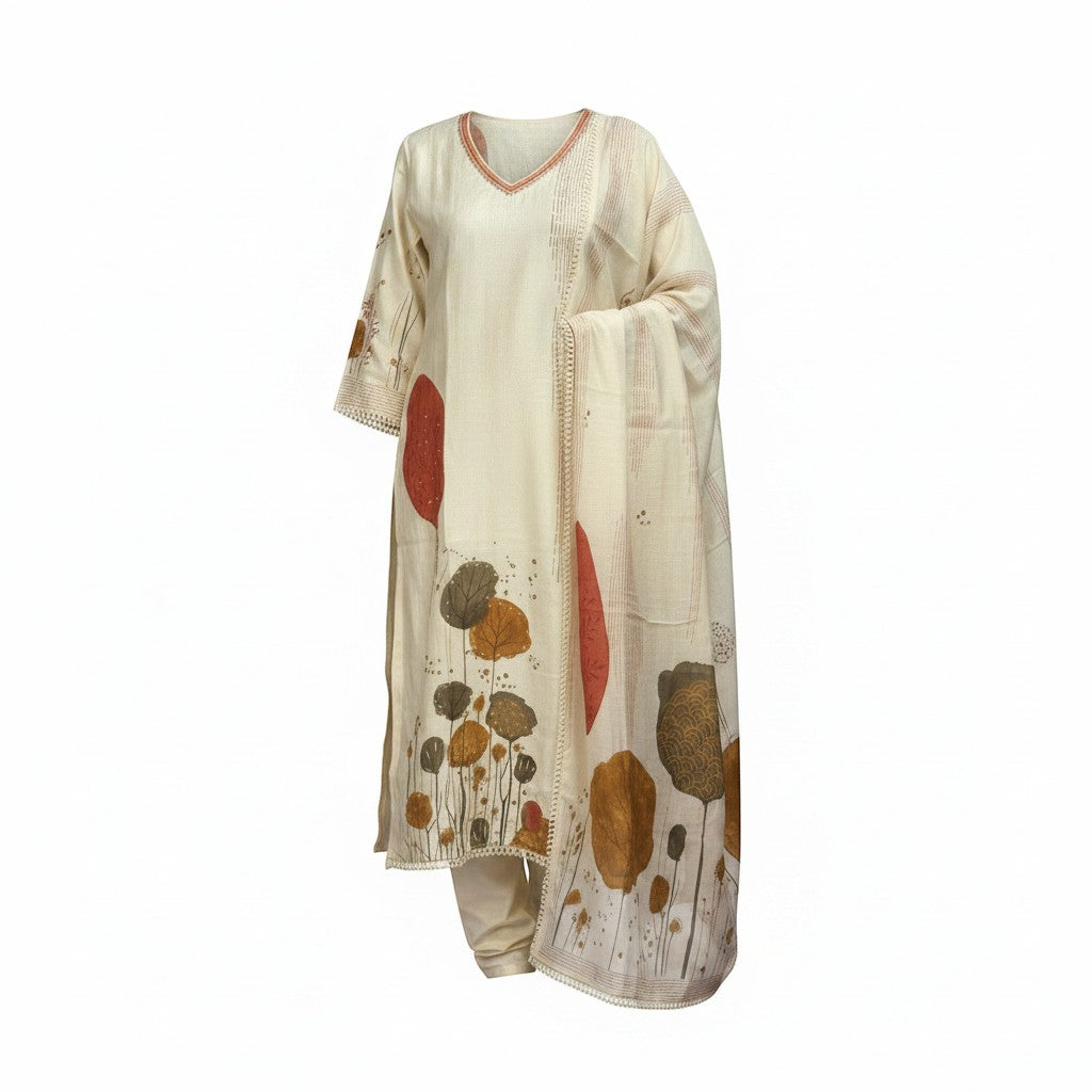 Kurti Connection USA cream botanical print kurta set with dupatta and trousers. V-neck, lace trim.