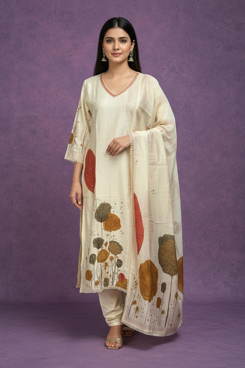 Kurti Connection USA cream botanical print kurta set with rust, brown, ochre tones, V-neck, lace trim, and dupatta.