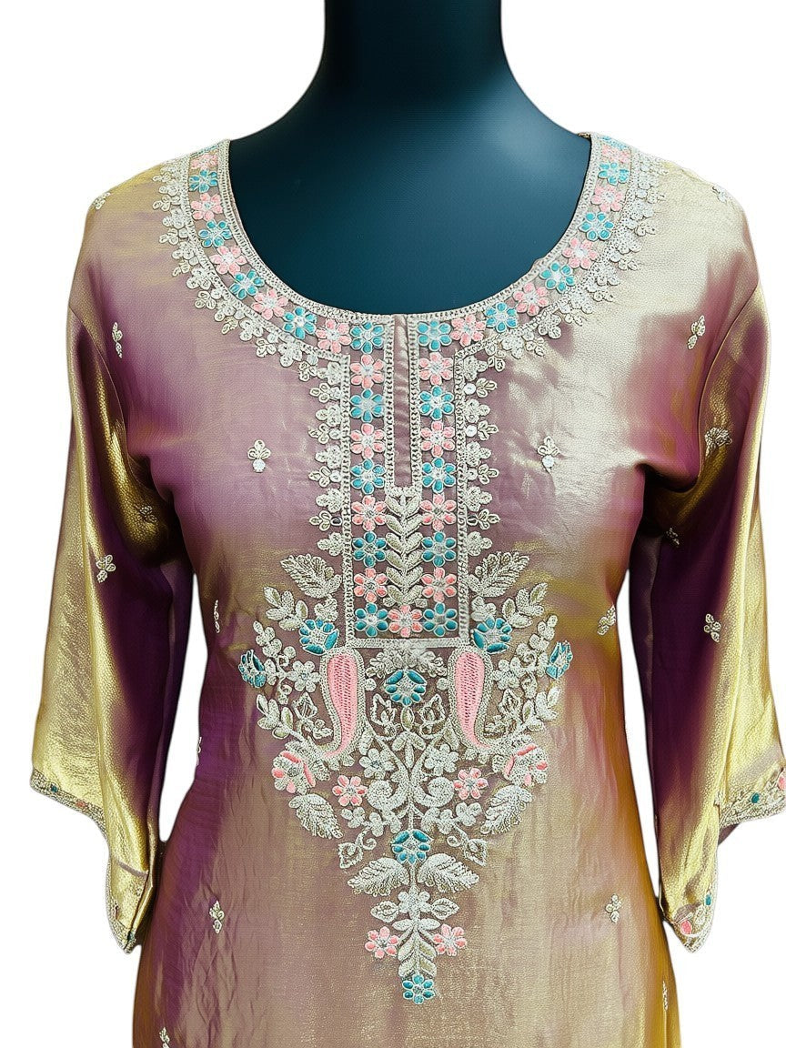 Kurti Connection USA dual tone tissue set with intricate embroidery on neckline and sleeves in pink, blue, and white.
