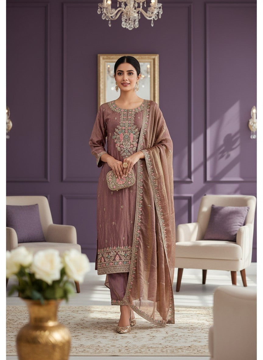 Kurti Connection USA dual tone tissue set with intricate embroidery on the neckline and hem. Includes matching dupatta and pants.