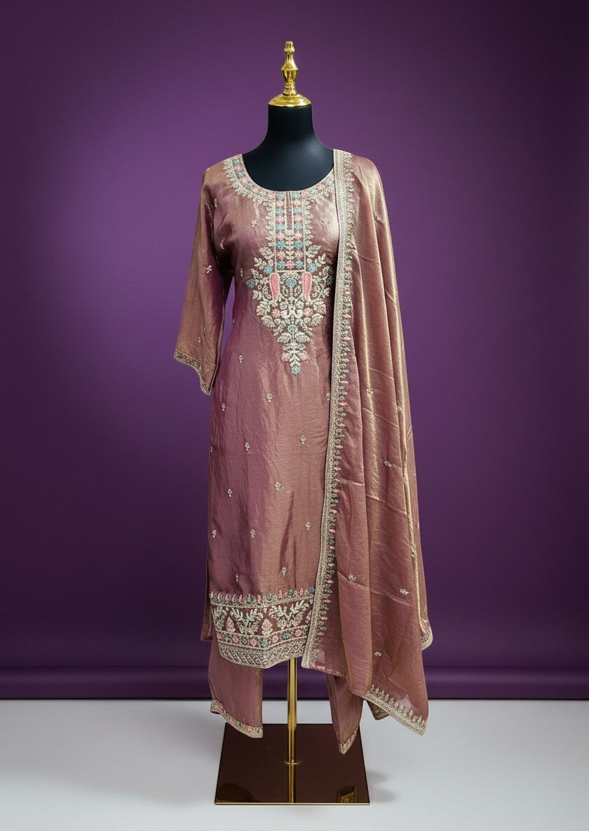 Kurti Connection USA dual tone tissue set with intricate embroidery on neckline and hem. Includes matching dupatta.
