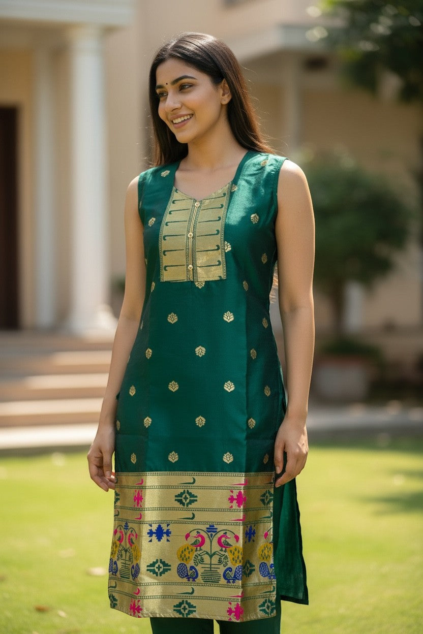 Kurti Connection USA emerald green silk sleeveless kurta with gold zari motifs, embellished neckline, and peacock border. Model wears it for festive occasions.
