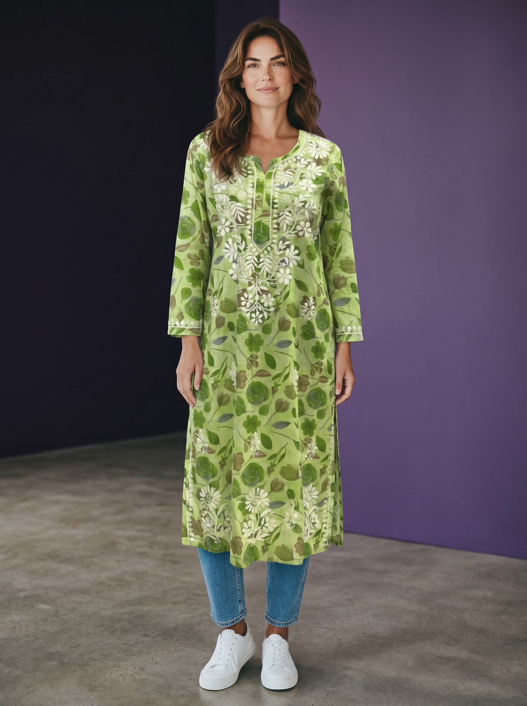 Kurti Connection USA light green cotton kurti with white Chikankari embroidery and floral print. Long sleeves and round neck.