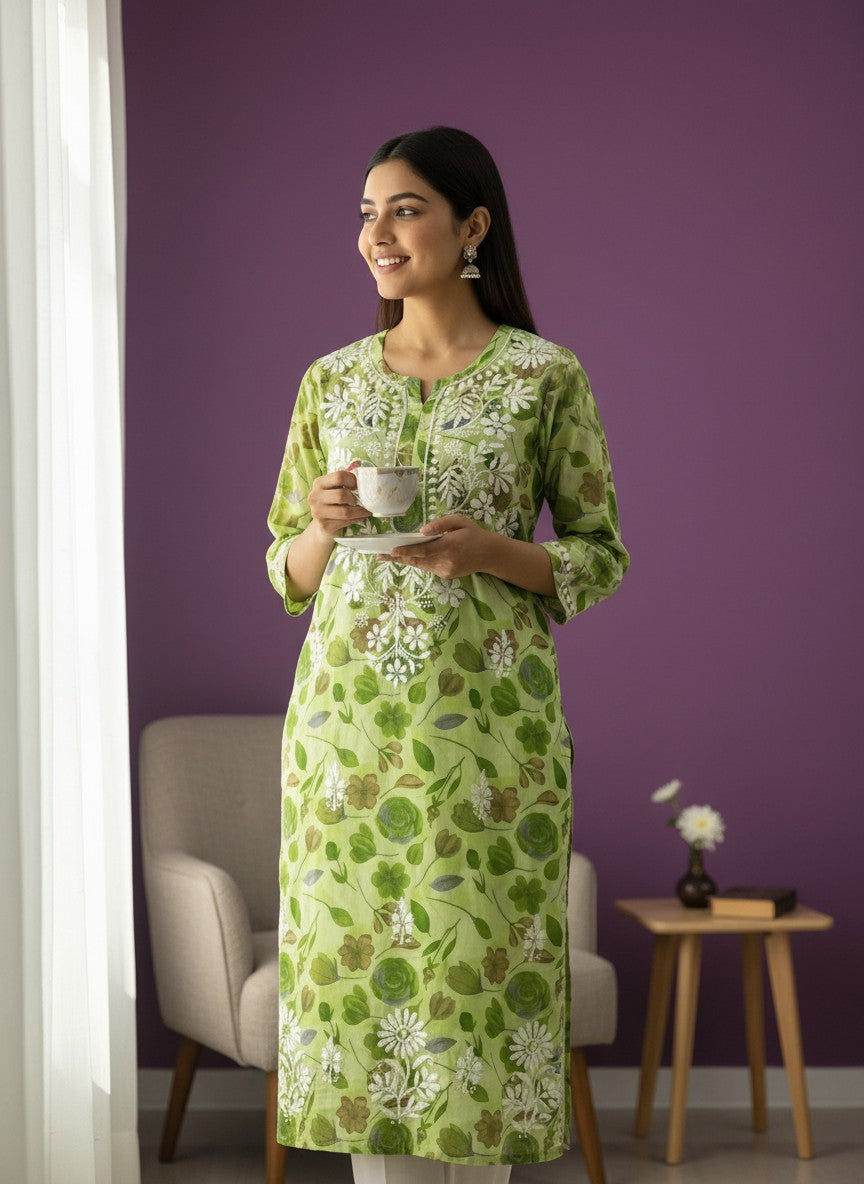 Kurti Connection USA light green cotton kurti with white Chikankari embroidery and floral print.