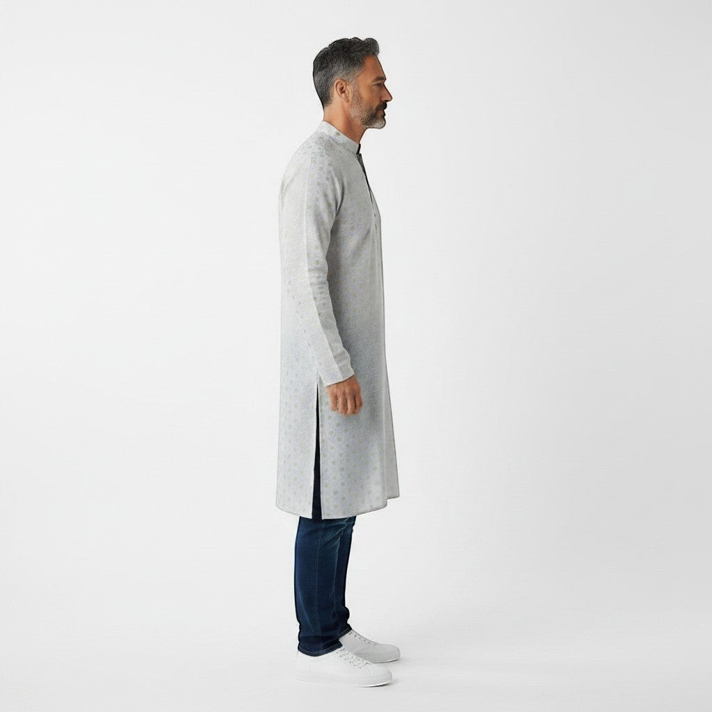 Kurti Connection USA men's light grey kurta shirt with subtle geometric pattern and mandarin collar.