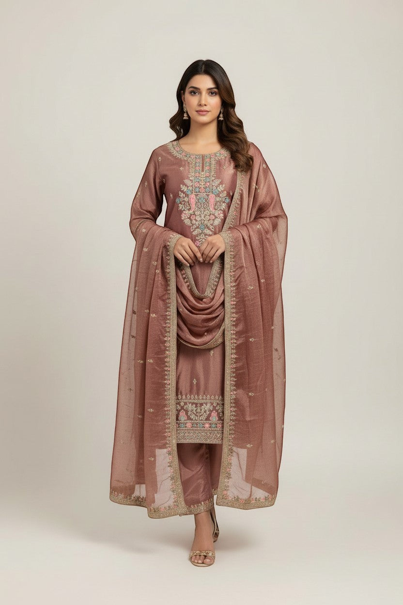 Kurti Connection USA mauve silk kurti pant and dupatta set with intricate floral embroidery and shimmering threadwork.