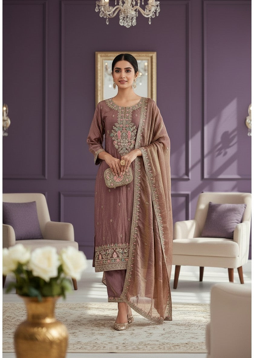 Kurti Connection USA mauve silk kurti pant and dupatta set with intricate floral embroidery. Festive ethnic wear.