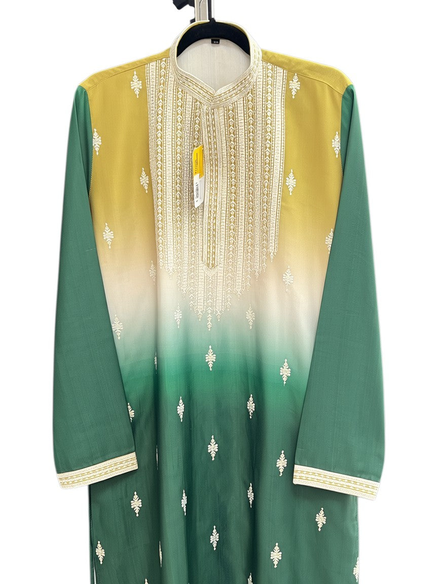 Kurti Connection USA mehandi green ombre kurta set with white embroidery and white pants.