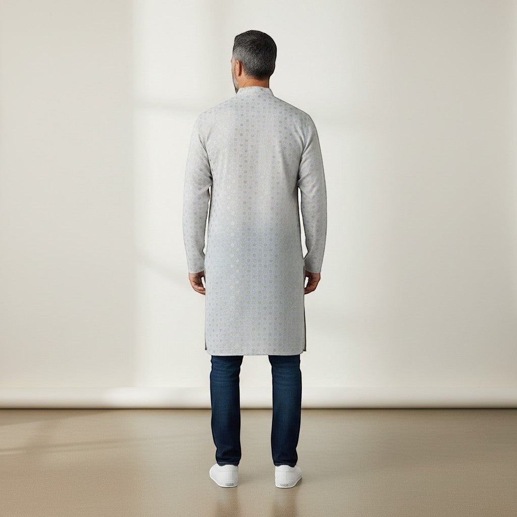 Kurti Connection USA men's light grey kurta shirt with subtle gold geometric pattern, mandarin collar, and relaxed fit.