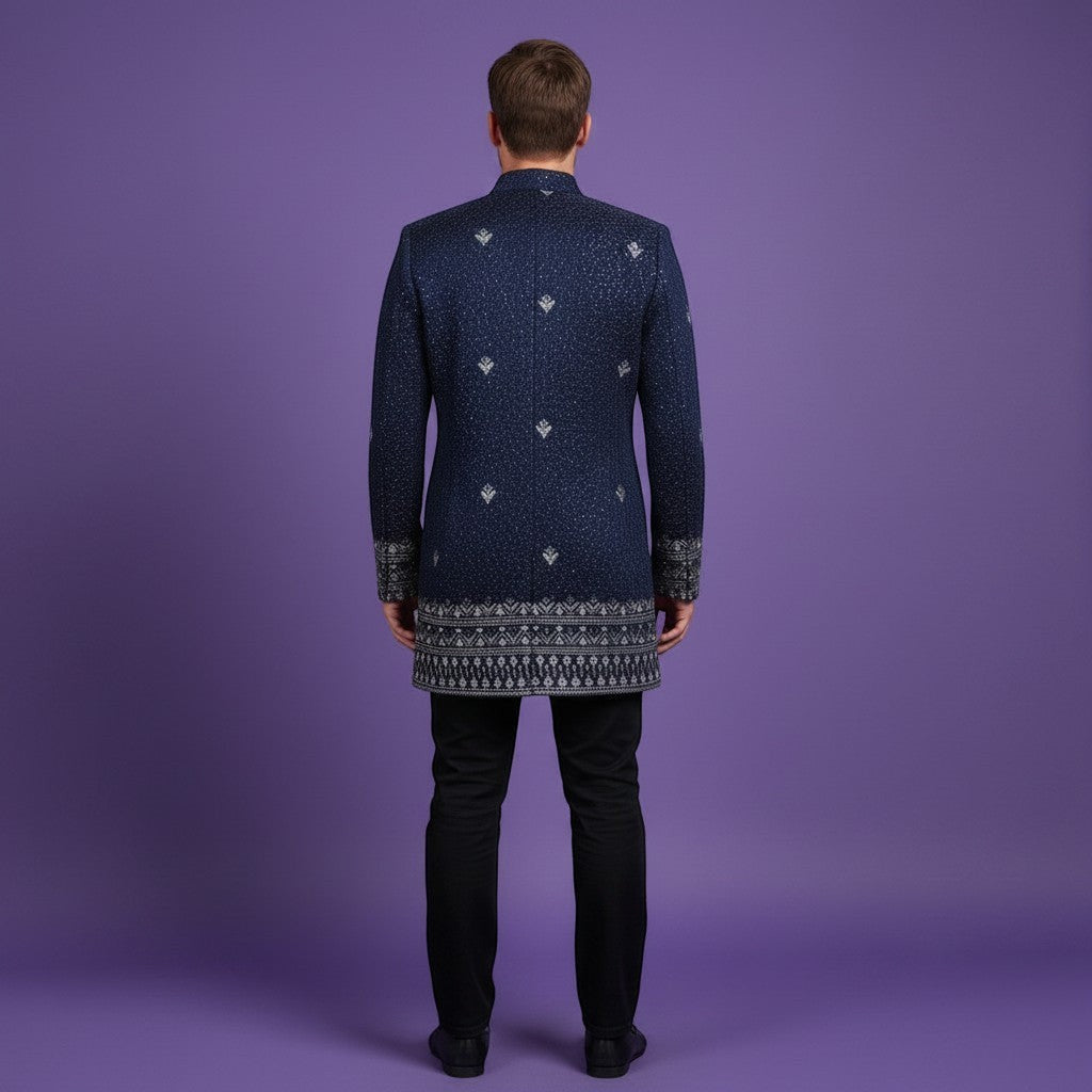 Kurti Connection USA navy blue textured Bandhgala jacket with silver embroidery and patterned cuffs. Tailored fit, traditional collar.