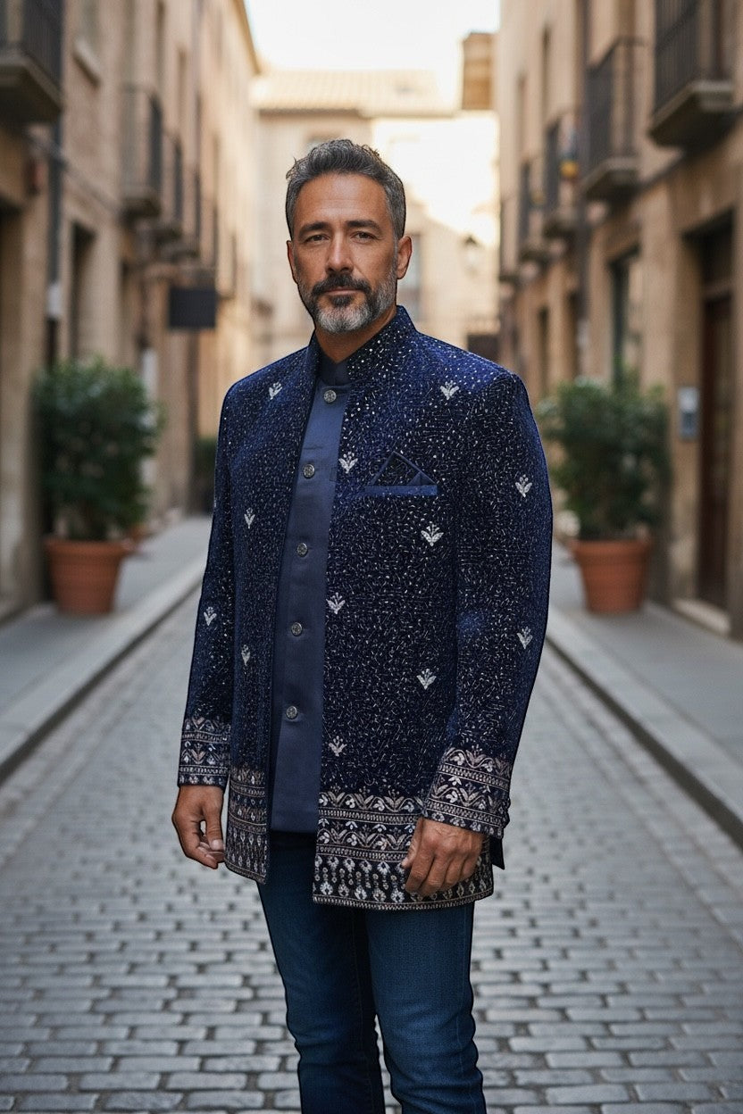 Kurti Connection USA navy blue Bandhgala jacket with silver embroidery and patterned cuffs. Model wears it with a blue shirt and jeans.
