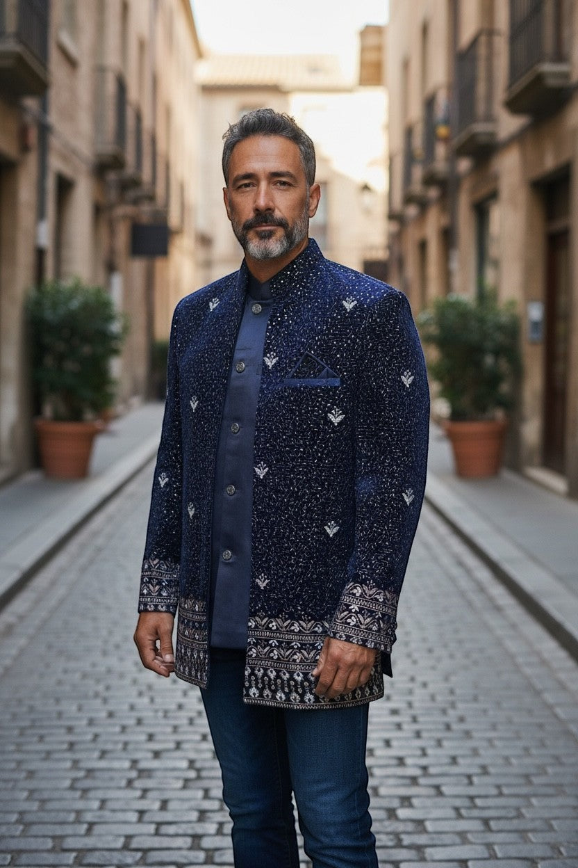 Kurti Connection USA navy blue Bandhgala jacket with intricate silver embroidery and patterned cuffs. Men's formal wear.