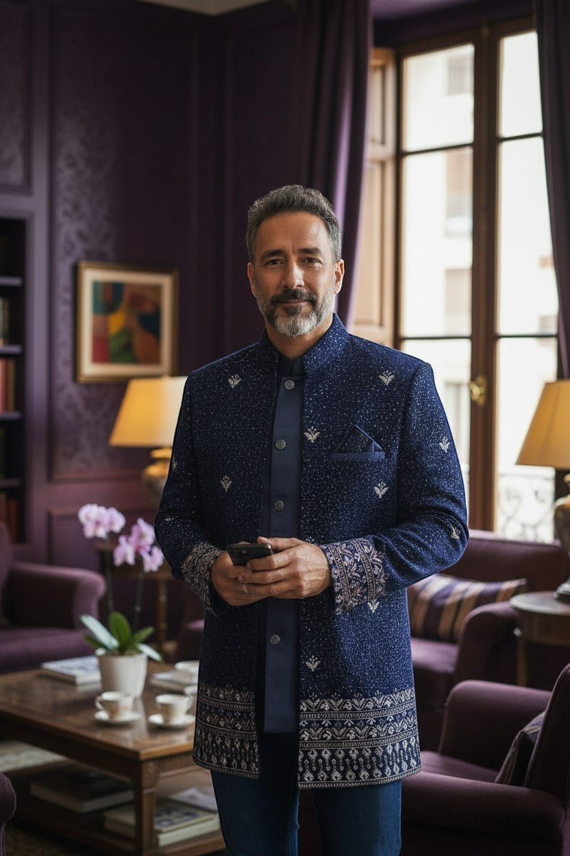 Kurti Connection USA navy blue Bandhgala jacket with intricate silver embroidery and patterned cuffs. Tailored fit, formal wear.