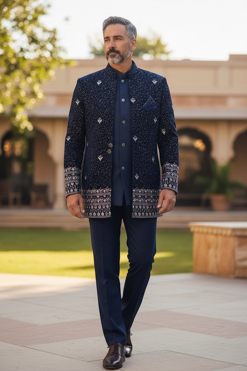 Kurti Connection USA navy blue Bandhgala jacket with intricate silver embroidery and patterned cuffs. Tailored fit, formal wear.