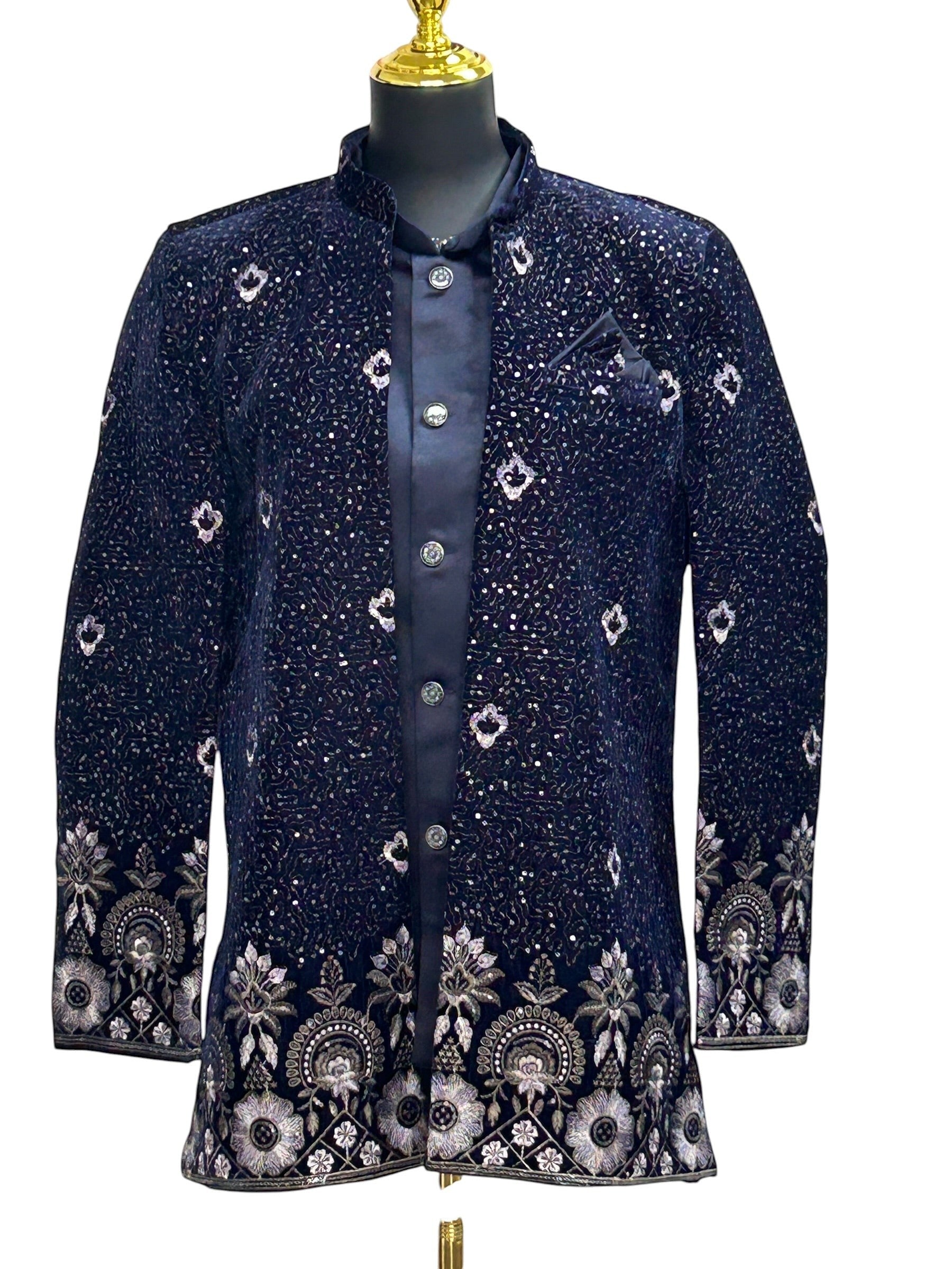 Kurti Connection USA navy blue embroidered Bandhgala suit with silver and white floral embroidery on collar, cuffs, and hem.