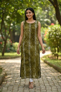 Kurti Connection USA olive green sleeveless straight kurti with all-over print and side slits.
