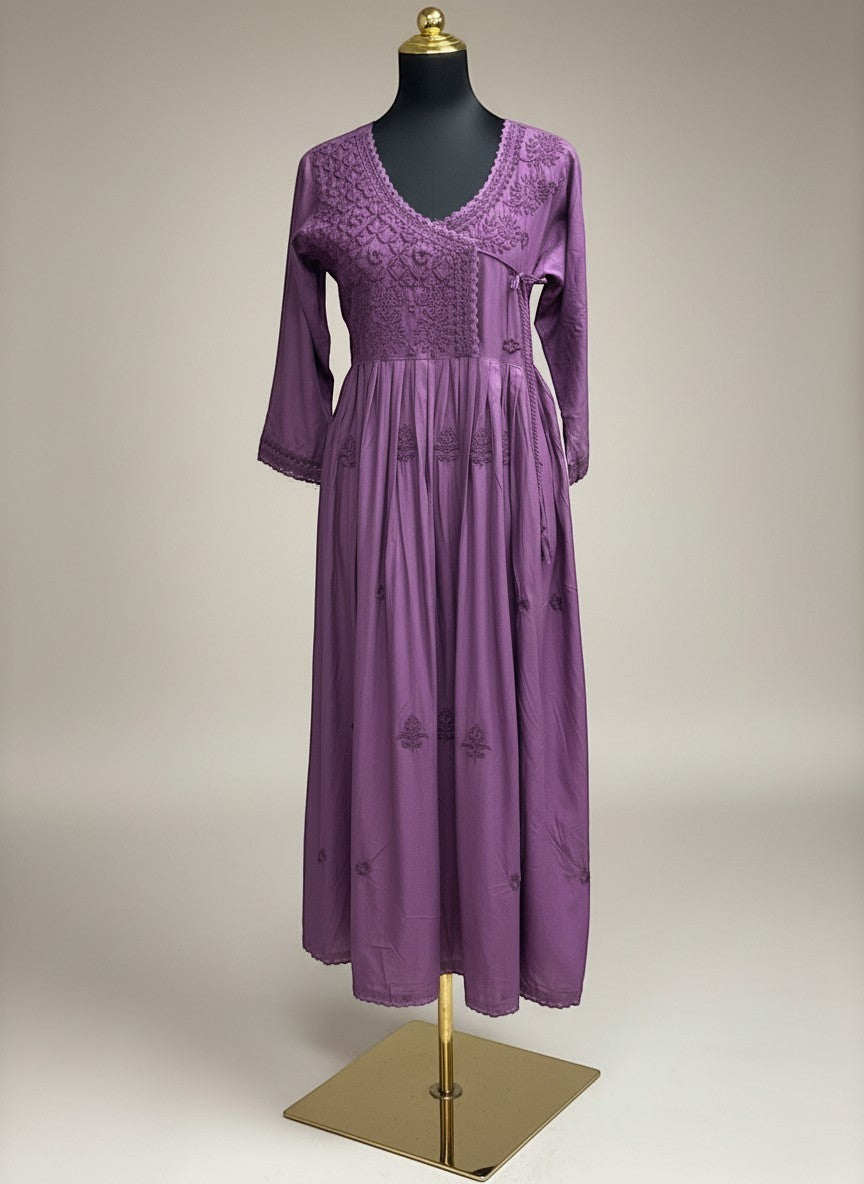 Kurti Connection USA purple embroidered wrap maxi dress with V-neck and flowing skirt.