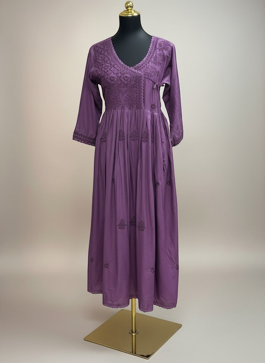 Kurti Connection USA purple embroidered wrap maxi dress with V-neck and flowing skirt.