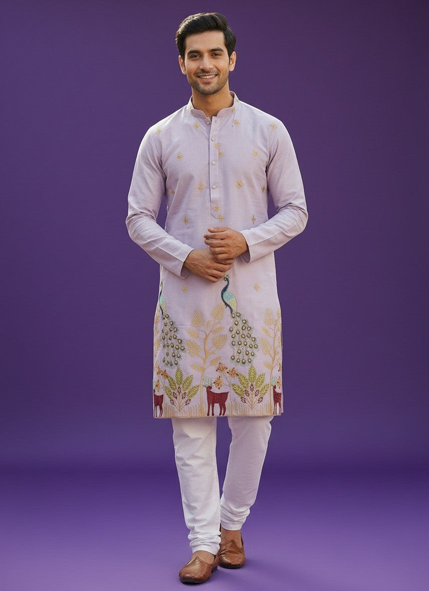 Kurti Connection USA light purple silk kurta set with intricate embroidery of peacocks and deer, paired with white pajama.