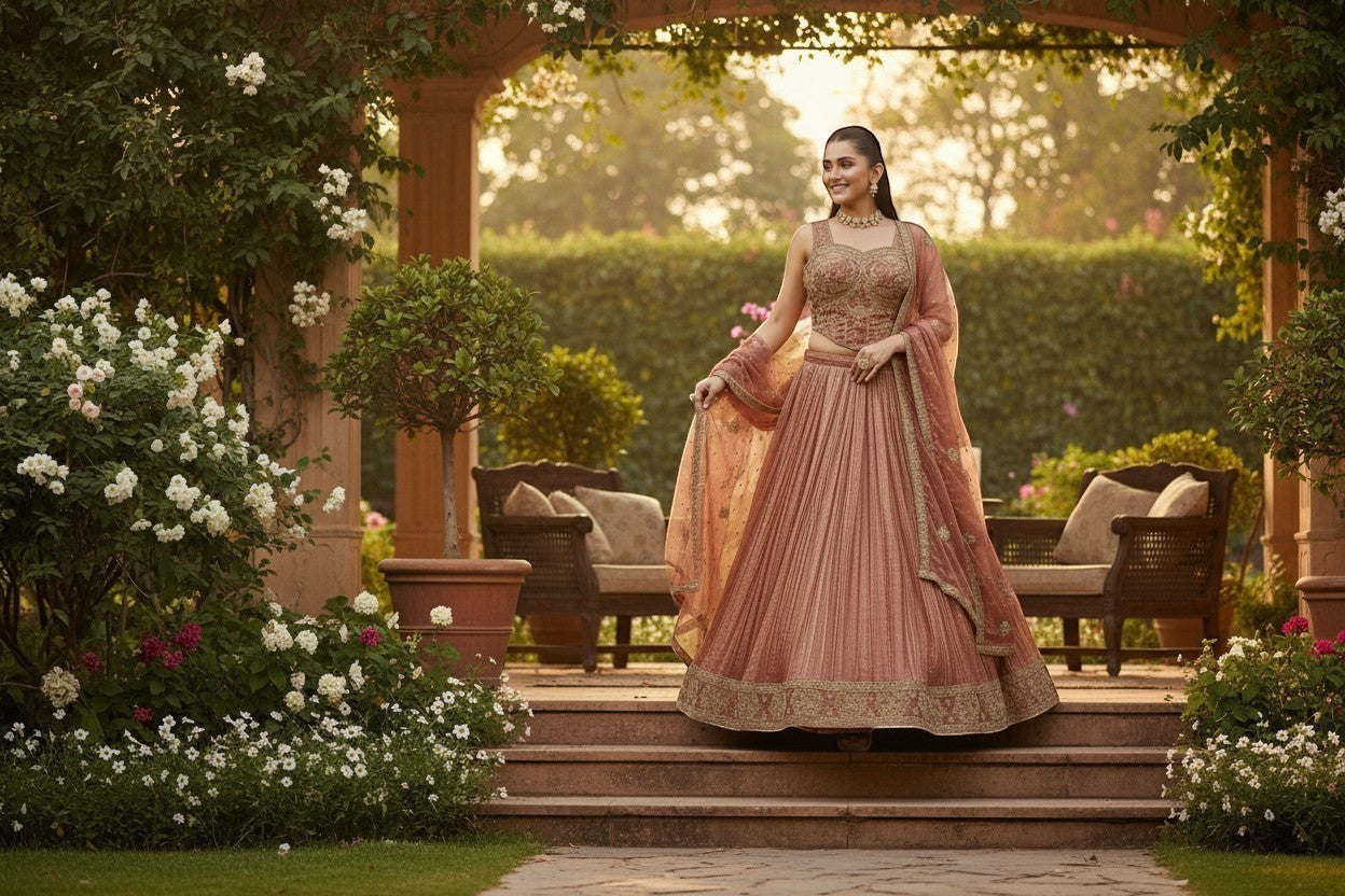 Kurti Connection USA woman in embroidered rose gold lehenga set with intricate gold detailing on blouse and skirt, perfect for special occasions.