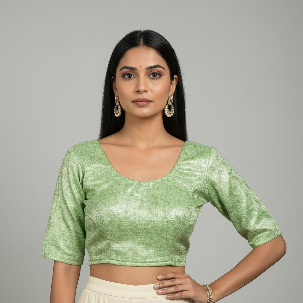 Kurti Connection USA rose pink shimmering embroidered crop top blouse with scoop neck and three-quarter sleeves.