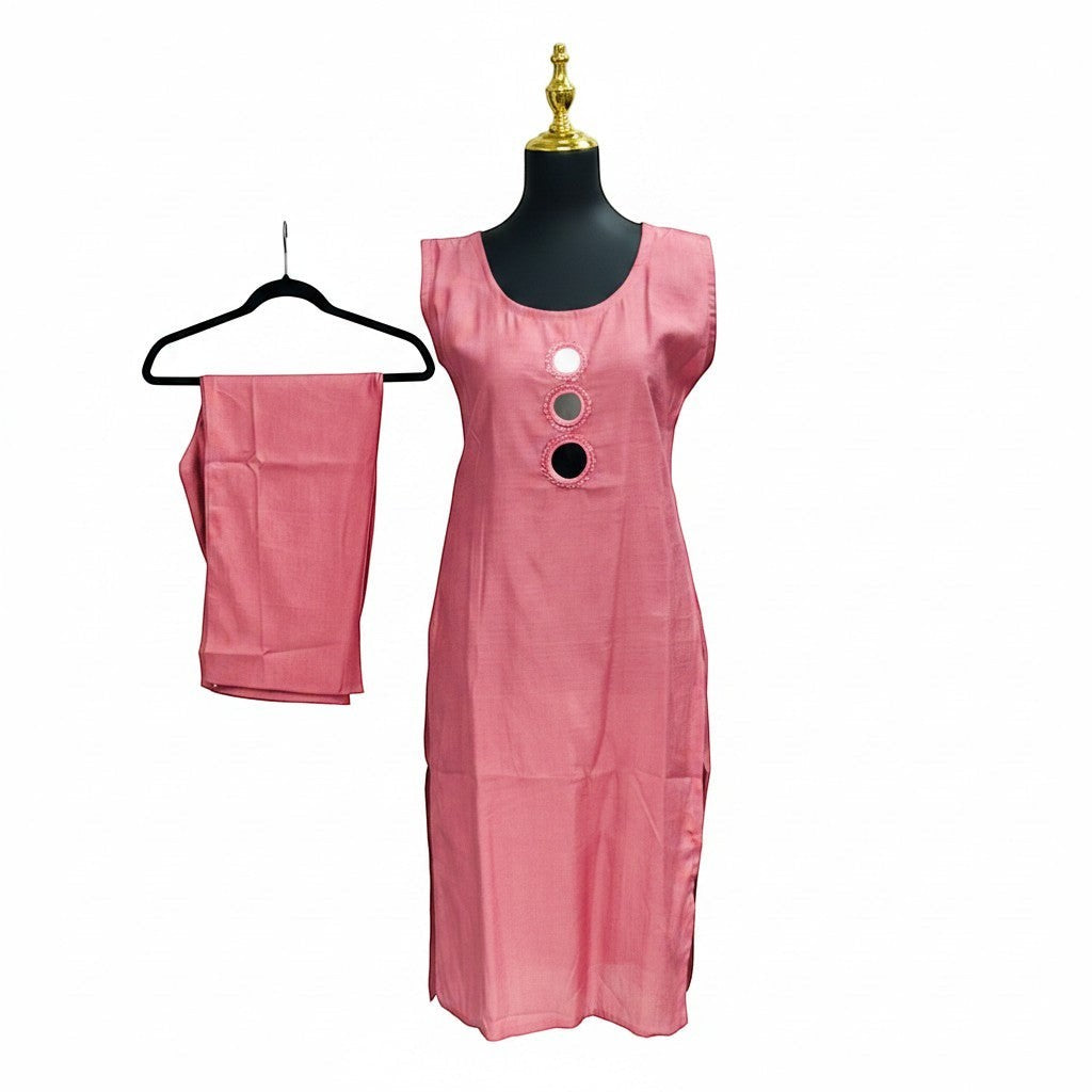 Kurti Connection USA rose textured sleeveless kurti with round neck and mirror embellishments, paired with straight-leg pants.