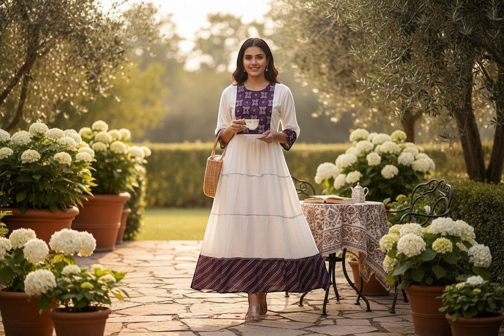 Kurti Connection USA white tiered maxi dress with purple embroidered yoke and cuffs, flowing silhouette, model holding teacup.